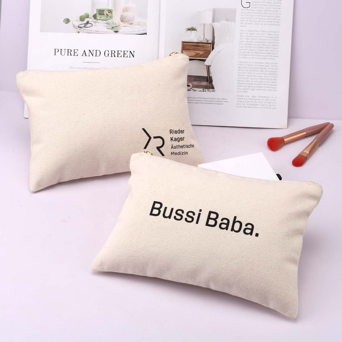 Free Sample Eco- Friendly Makeup Canvas Zipper Bags Custom Logo Printed Natural Cotton Canvas Cosmetic Pouch
