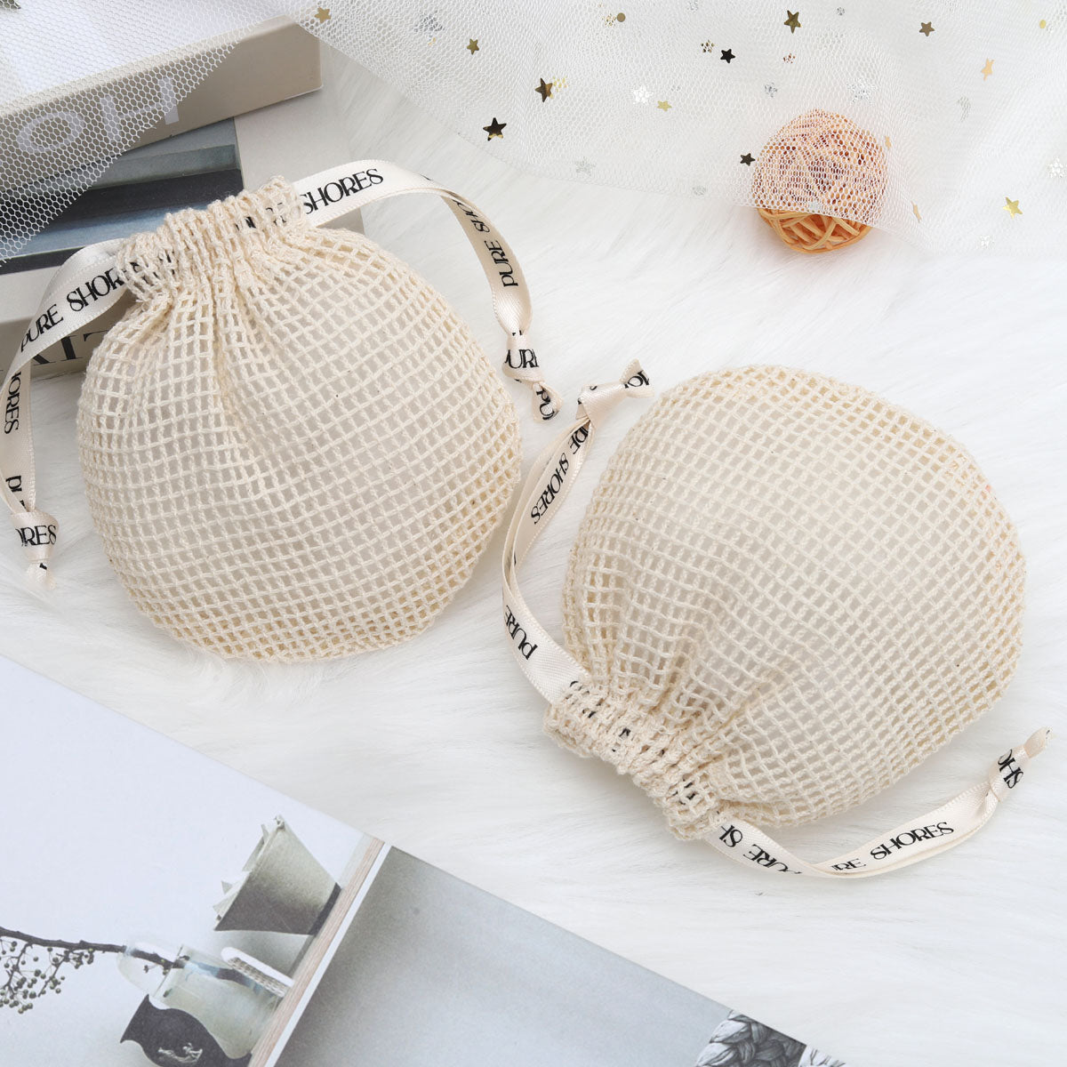 New Design High Quality Promotion Custom Logo Printed Cotton Mesh Drawstring Bag Soap Jewelry Cosmetic Cotton Mesh Pouch