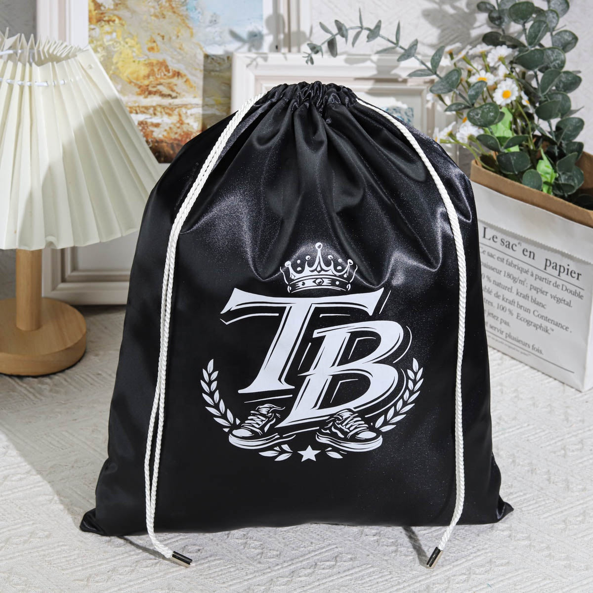Satin Wig Bag Custom Logo Printed Black Drawstring Satin Hair Clothes Packing Pouch Reusable Sailk Satin Shoe Hat Dust Bags