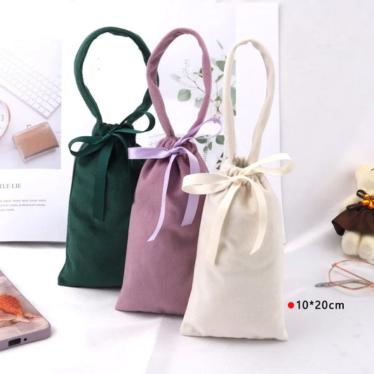 Custom Colorful Soft Velvet Handle Drawstring Packaging Storage Tote Hand Bag Jewelry Gift Cosmetic Pouch Velvet Shopping Bag