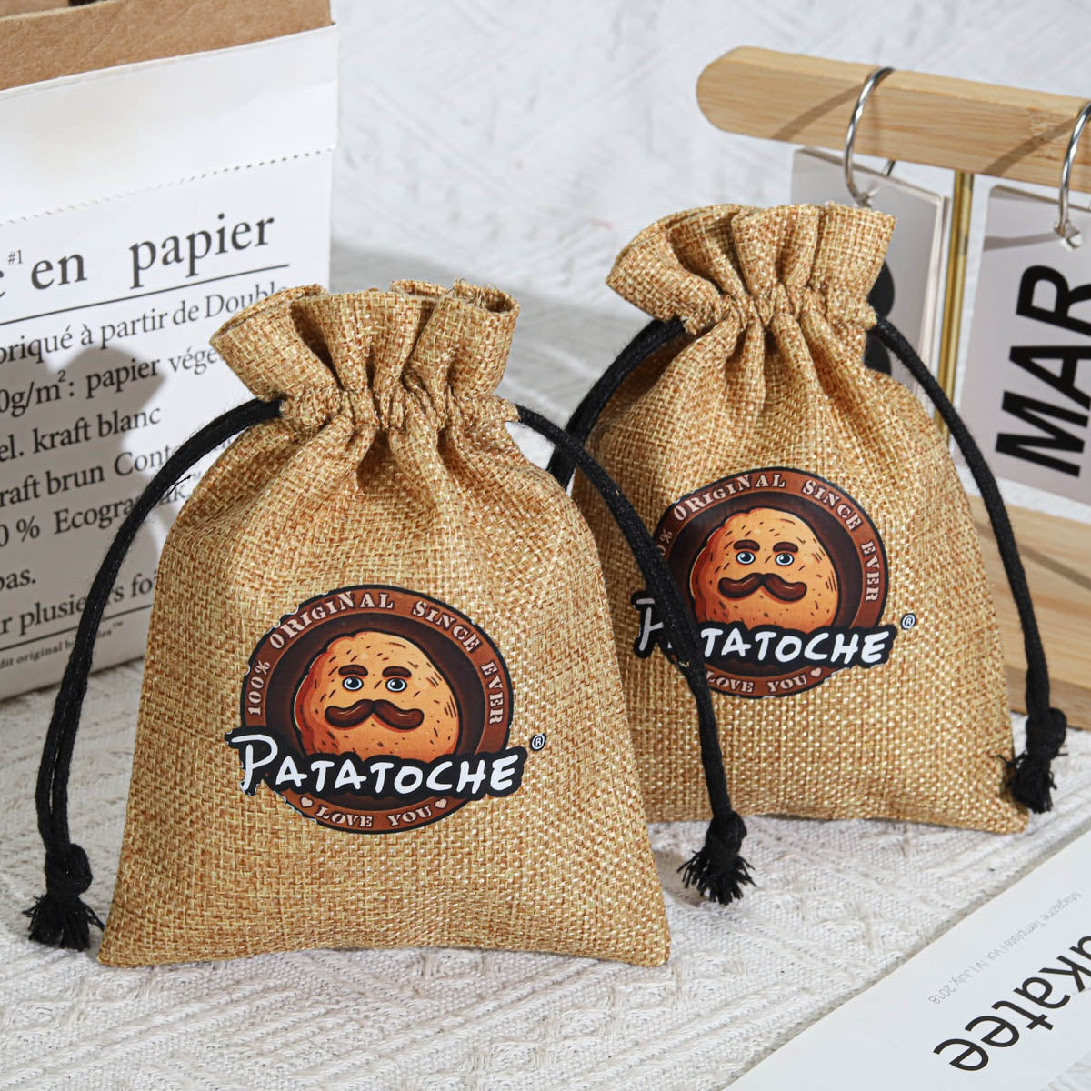 Custom Logo Printed Natural Small Jute Drawstring Christmas Gift Candle Packing Bag Reusable Hemp Burlap Linen Shopping Bag