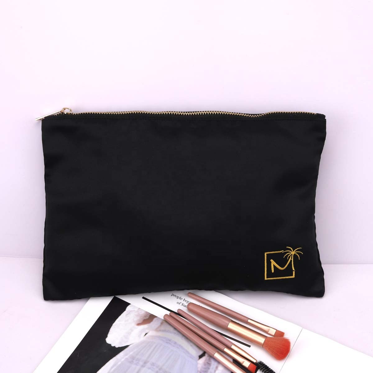 Custom Embroidery Printed Black Satin Hair Extension Travel Zipper Bag Fashion Soft Matte Packaging Cosmetic Makeup Pouch