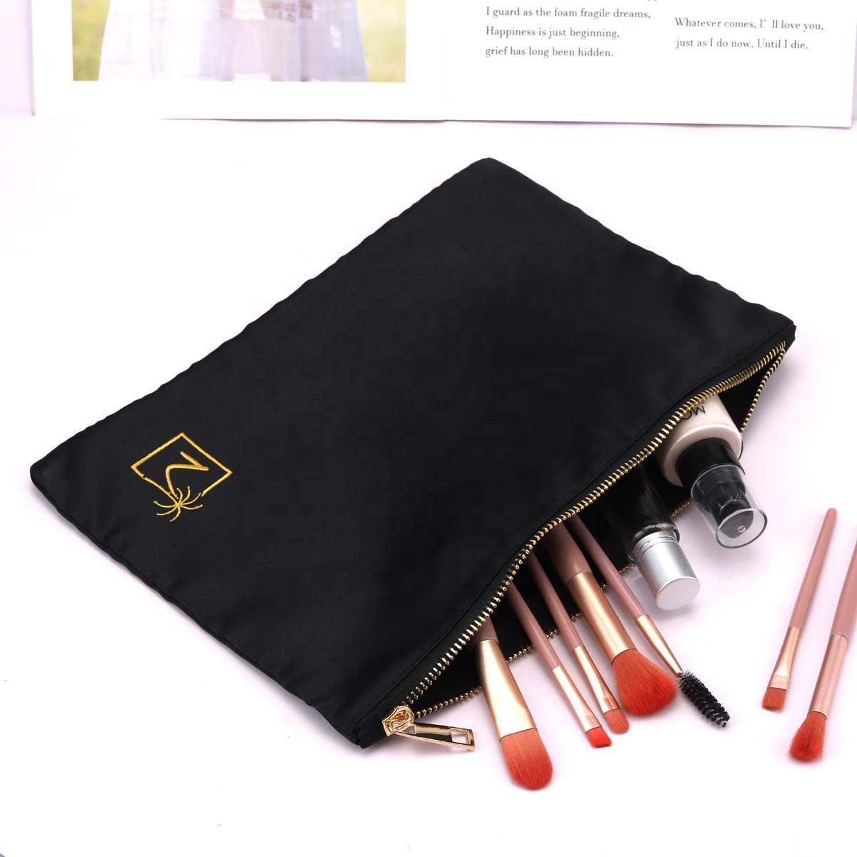 Custom Embroidery Printed Black Satin Hair Extension Travel Zipper Bag Fashion Soft Matte Packaging Cosmetic Makeup Pouch