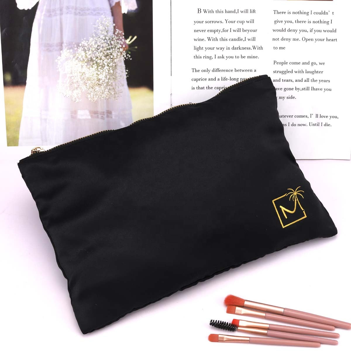 Custom Embroidery Printed Black Satin Hair Extension Travel Zipper Bag Fashion Soft Matte Packaging Cosmetic Makeup Pouch