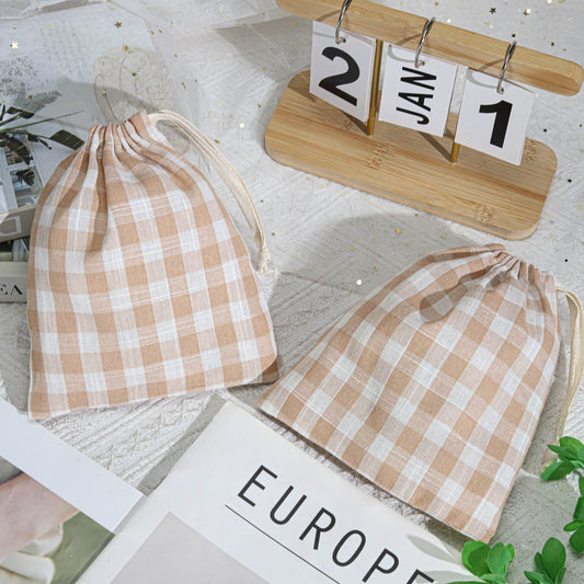 Promotion Custom Checkered Fabric Drawstring Candle up Packing Pouch Organic Thin Cotton Muslin Cosmetic Storage Dust Bag