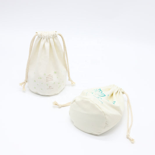 Reusable Custom LogoRound Bottom Natural Canvas Drawstring Bag Natural Muslin Cotton Canvas Cosmetic Dust Bag