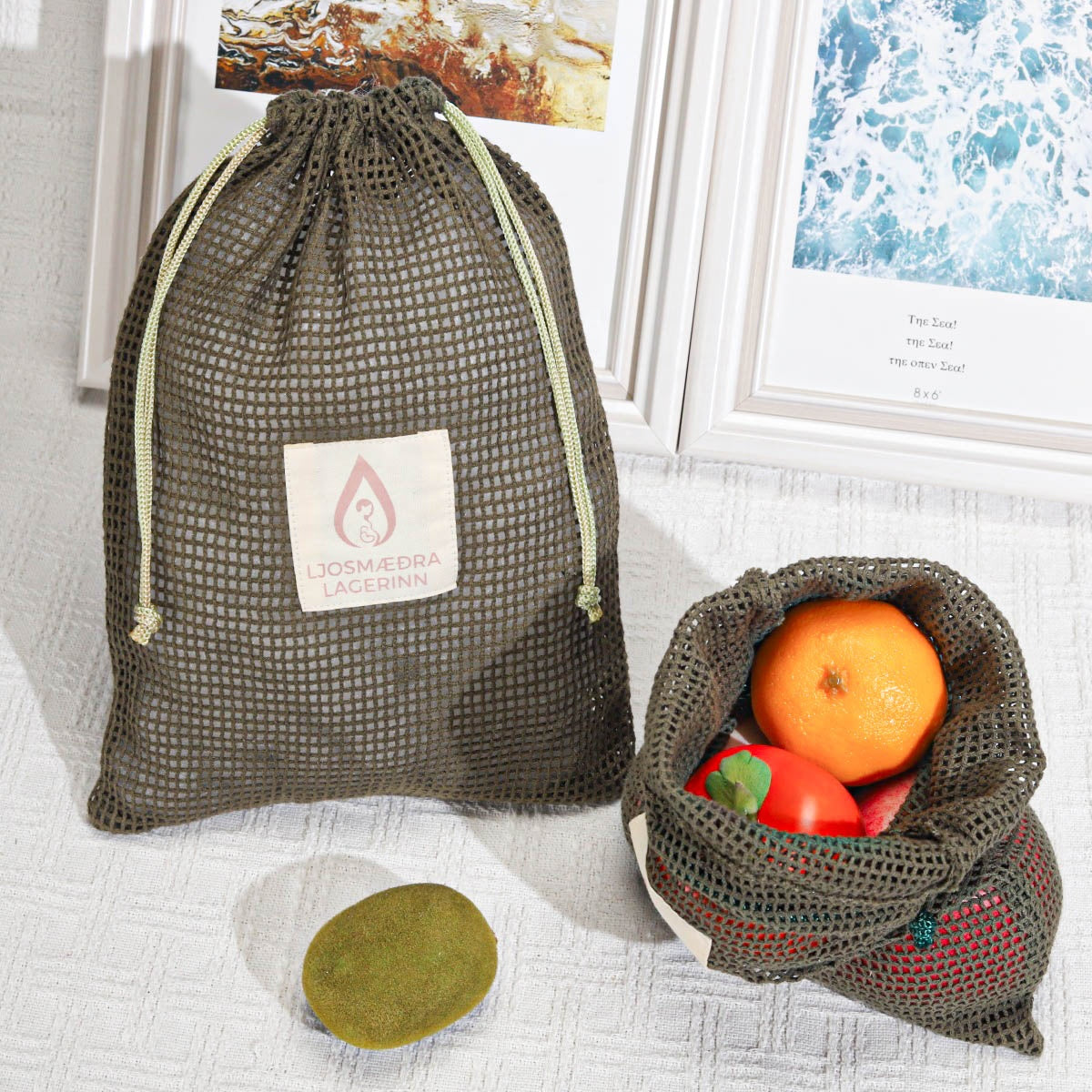 Reusable Produce Organic Cotton Washable Mesh Bag for Fruit Vegetable Custom Logo Printed Drawstring Cotton Mesh Pouch