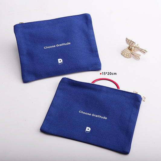 Wholesale Custom Logo Reusable Blue Zipper Storage Makeup Cosmetic Gift Bag 12oz Cotton Canvas Pouch
